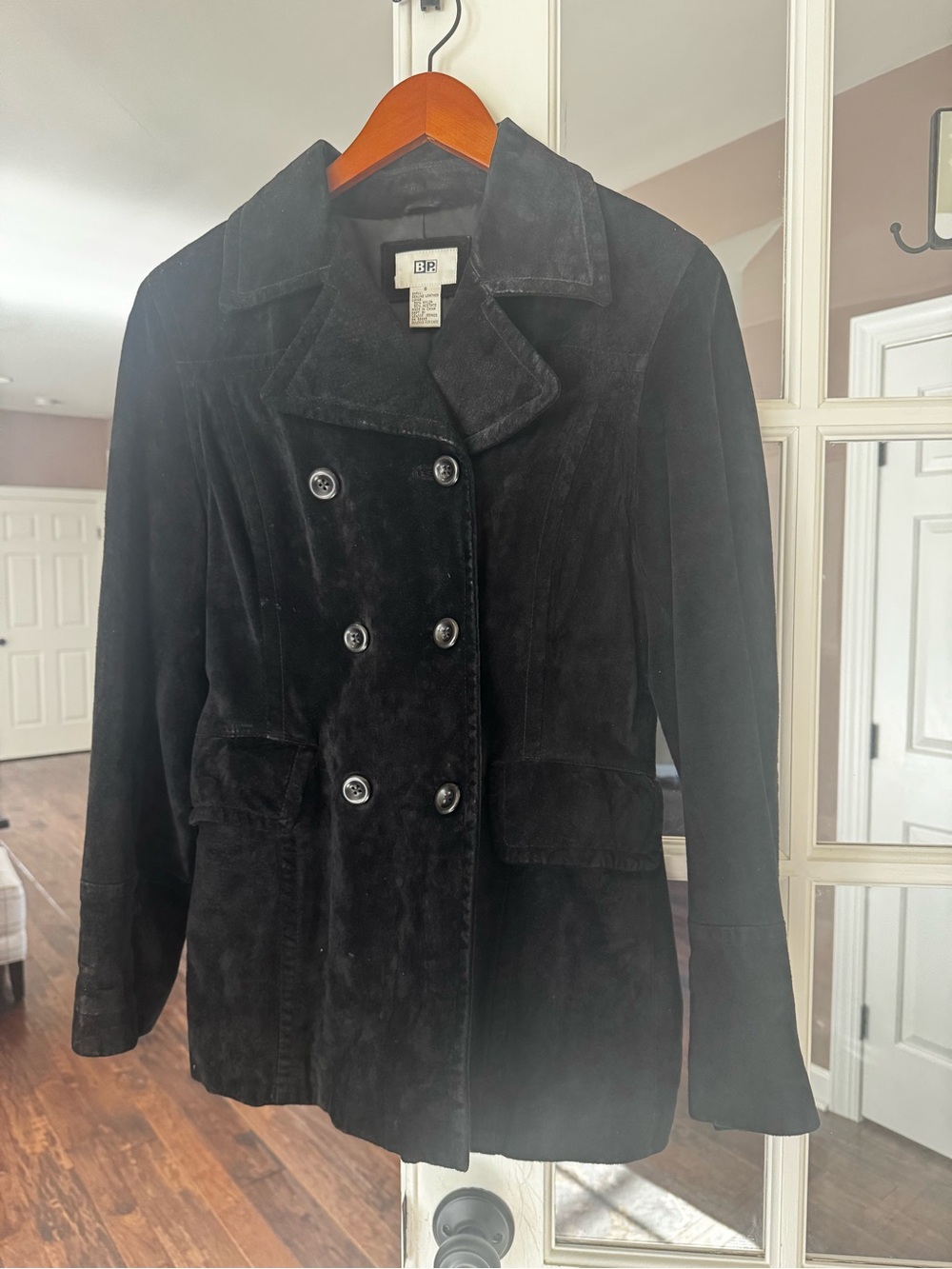 Vintage 90s / Y2K Genuine Suede Leather Peacoat Jacket Black - Size Small